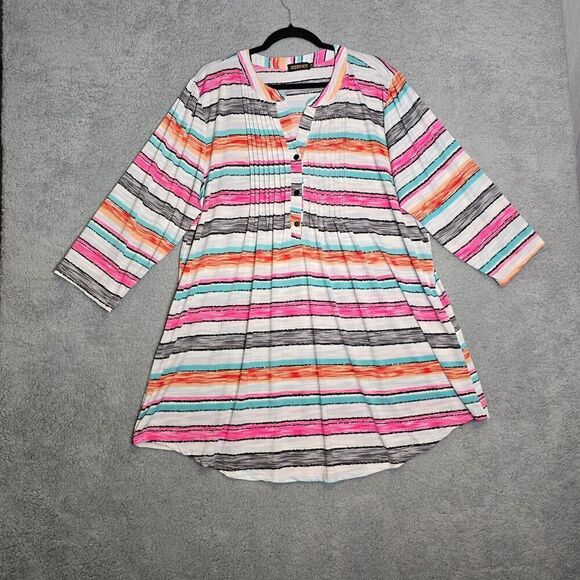 Reborn Womens Pin Tuck Blouse Sz 2XL Colorful Striped Henley Top Beachy Summer - Picture 1 of 8